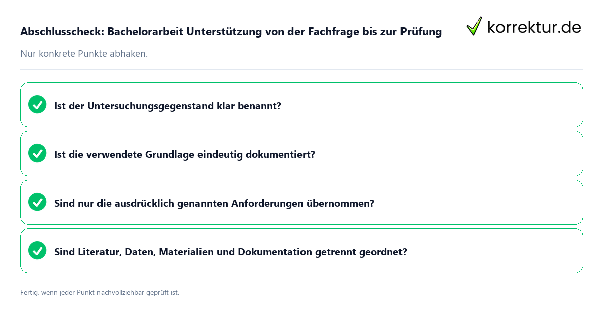 Konkreter Abschlusscheck zu Bachelorarbeit Unterstützung von der Fachfrage bis zur Prüfung