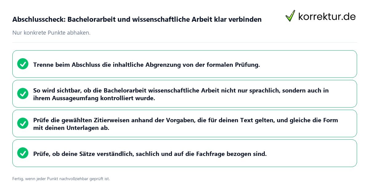 Konkreter Abschlusscheck zu Bachelorarbeit und wissenschaftliche Arbeit klar verbinden