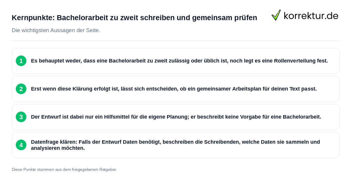 Konkrete Kernpunkte zu Bachelorarbeit zu zweit schreiben und gemeinsam prüfen