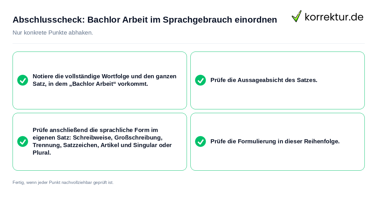 Konkreter Abschlusscheck zu Bachlor Arbeit im Sprachgebrauch einordnen
