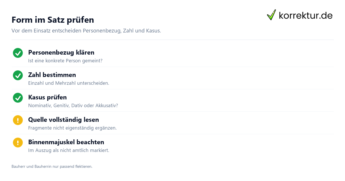 Form im Satz prüfen Bauherr richtig gendern und verständlich formulieren, Satzprüfung
