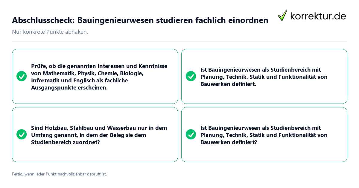 Abschlusscheck: Bauingenieurwesen studieren fachlich einordnen Konkreter Abschlusscheck zu Bauingenieurwesen studieren fachlich einordnen