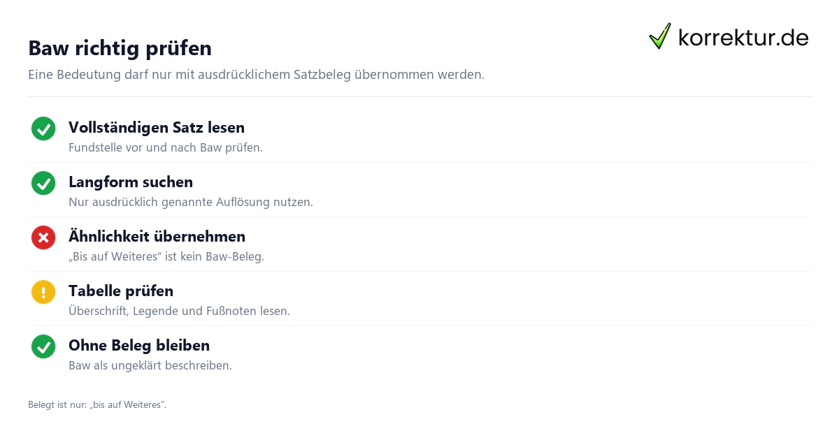 Was bedeutet die Abkürzung Baw? Prüfkriterien für eine belegte Bedeutung
