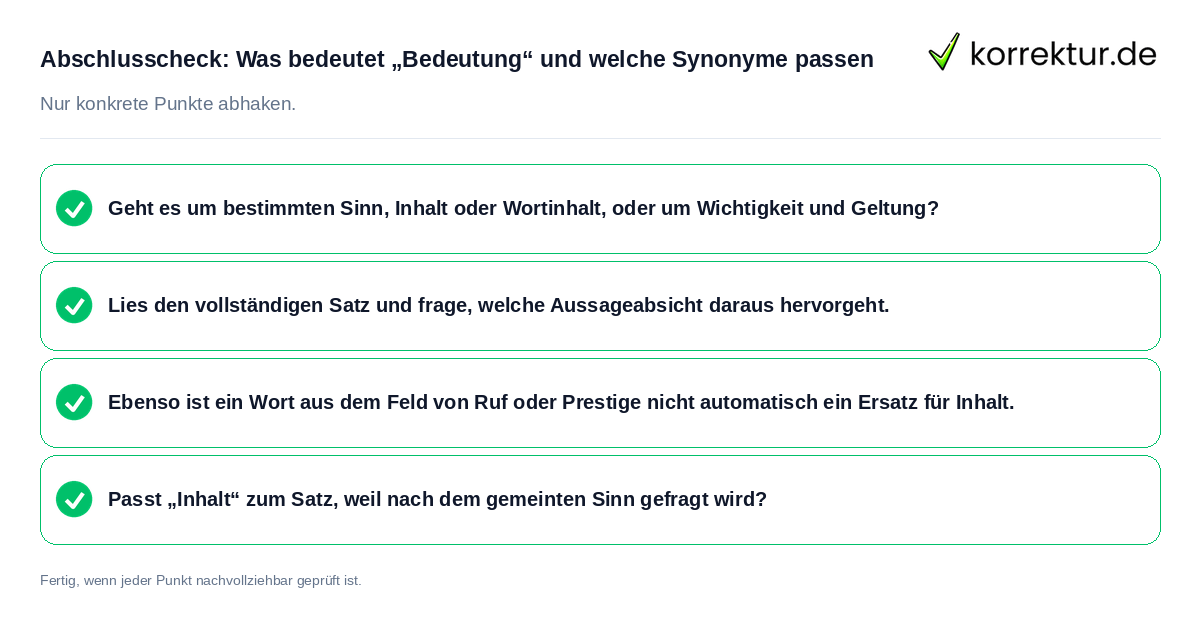 Konkreter Abschlusscheck zu Was bedeutet „Bedeutung“ und welche Synonyme passen