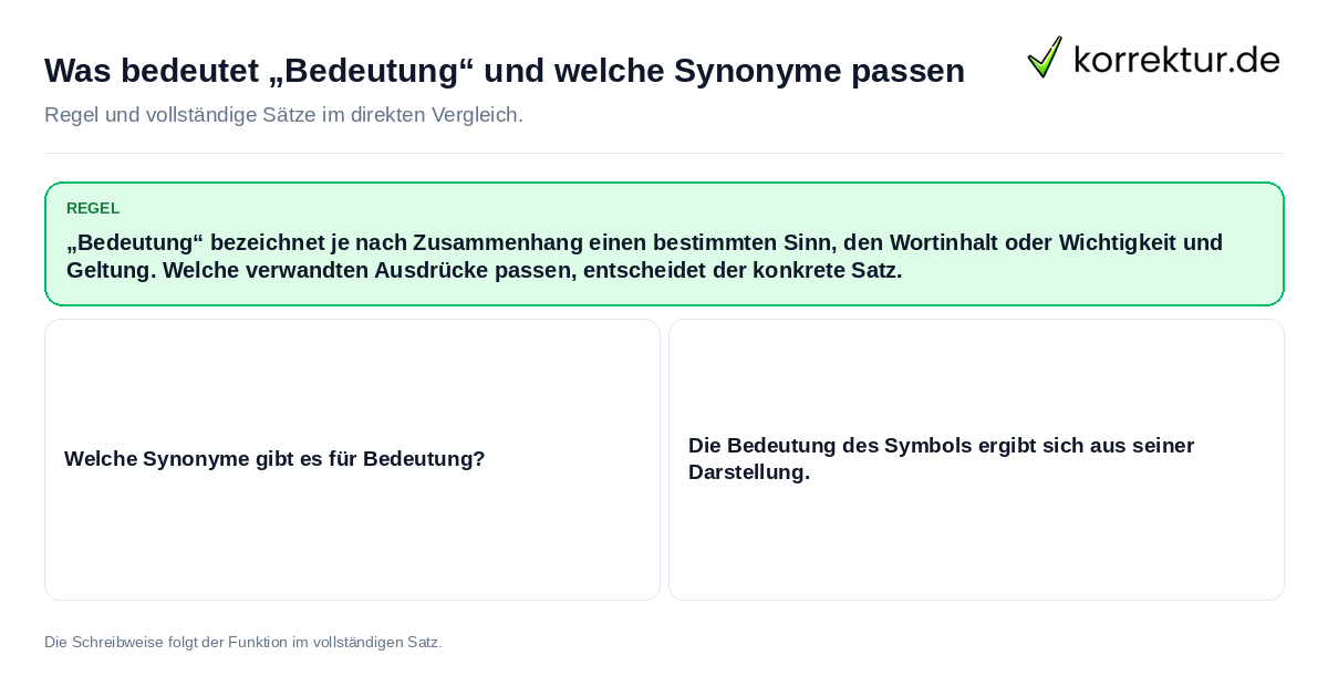 Konkrete Regel und vollständige Beispielsätze zu Was bedeutet „Bedeutung“ und welche Synonyme passen