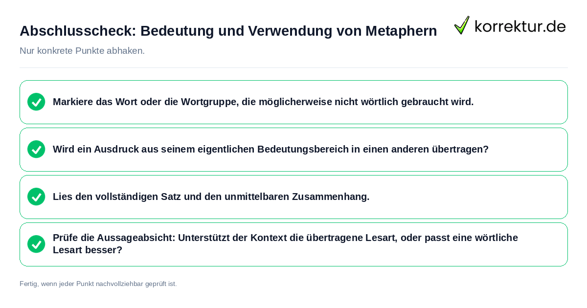 Konkreter Abschlusscheck zu Bedeutung und Verwendung von Metaphern