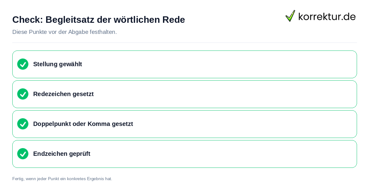 Begleitsatz der wörtlichen Rede: Prüfliste mit vier Punkten