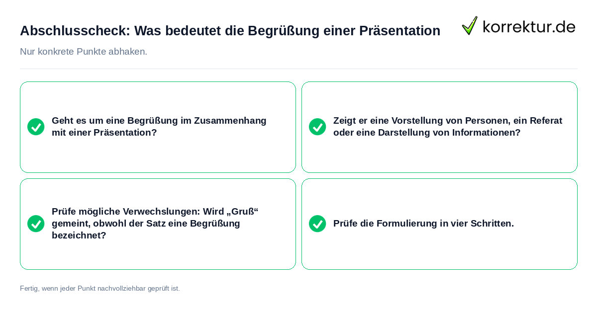 Abschlusscheck: Was bedeutet die Begrüßung einer Präsentation Konkreter Abschlusscheck zu Was bedeutet die Begrüßung einer Präsentation