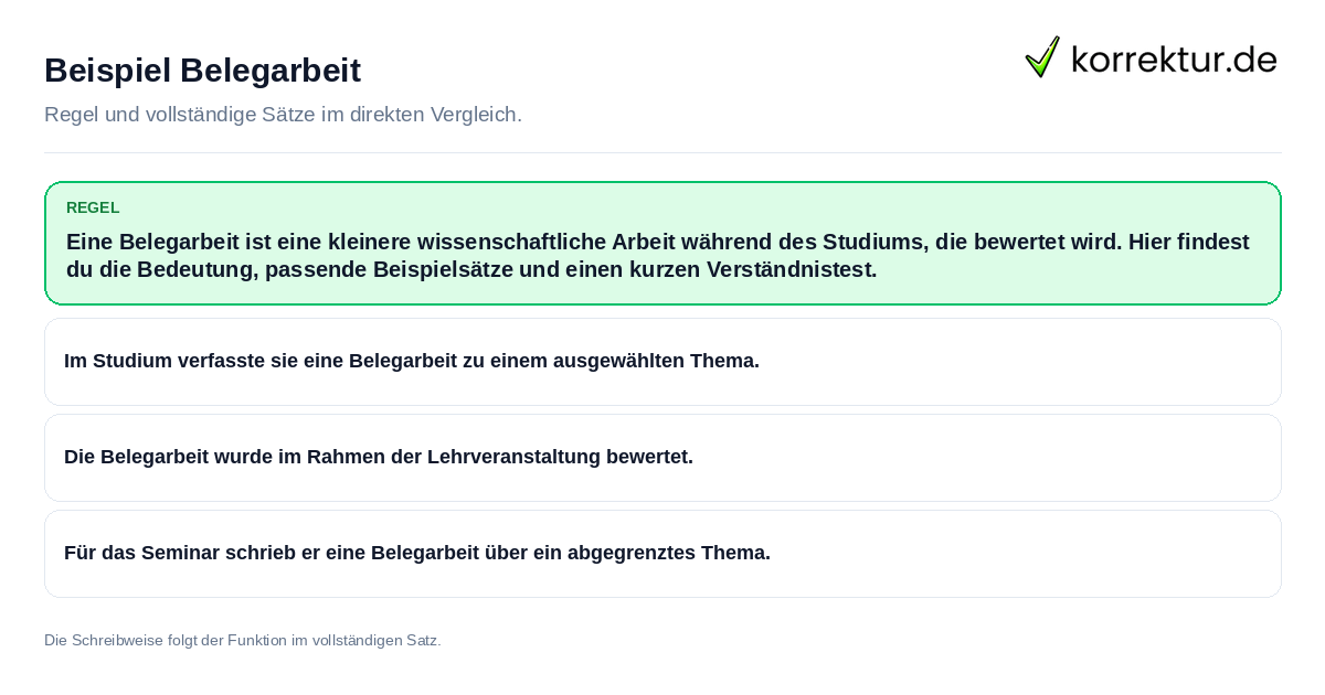 Konkrete Regel und vollständige Beispielsätze zu Beispiel Belegarbeit
