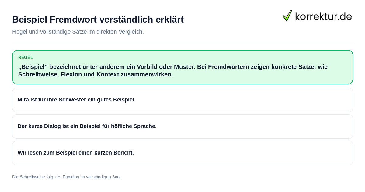 Beispiel Fremdwort verständlich erklärt Konkrete Regel und vollständige Beispielsätze zu Beispiel Fremdwort verständlich erklärt