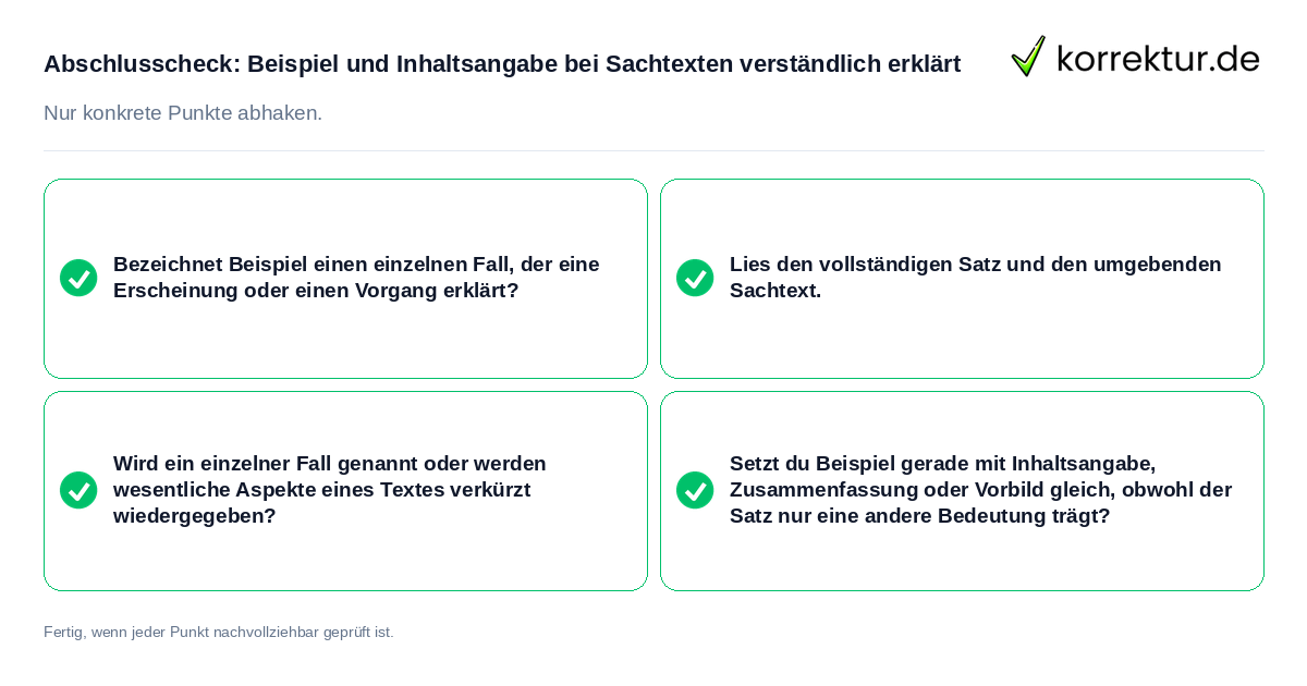 Konkreter Abschlusscheck zu Beispiel und Inhaltsangabe bei Sachtexten verständlich erklärt