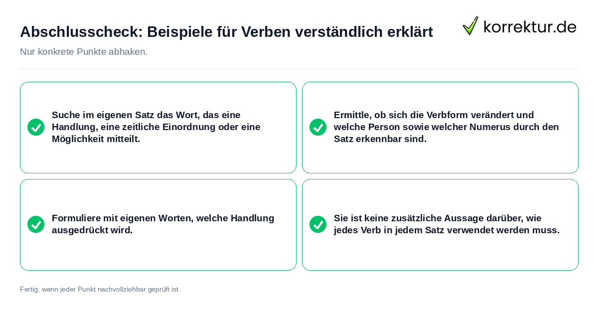 Abschlusscheck: Beispiele für Verben verständlich erklärt Konkreter Abschlusscheck zu Beispiele für Verben verständlich erklärt