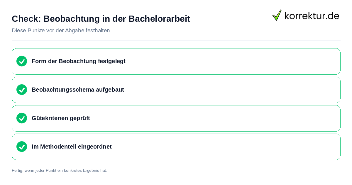 Beobachtung in der Bachelorarbeit: Prüfliste mit vier Punkten
