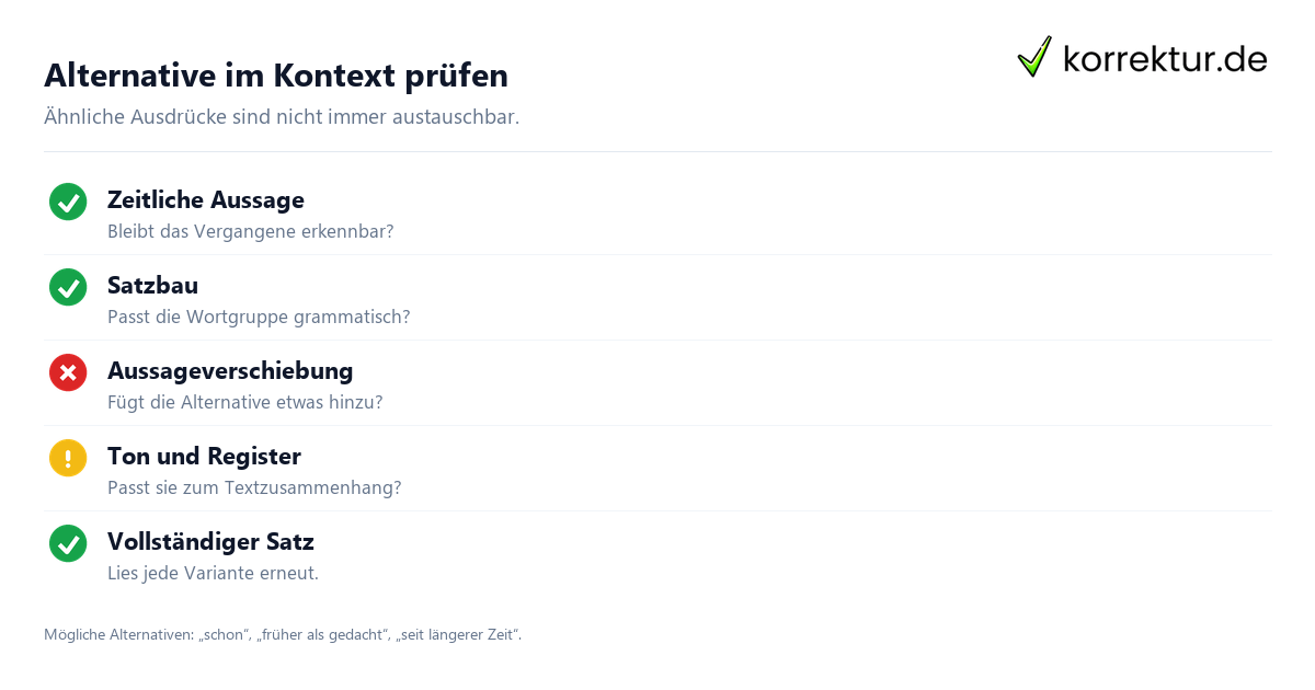 Synonyme für „bereits“ passend im Satz verwenden: Alternativen kontrollieren
