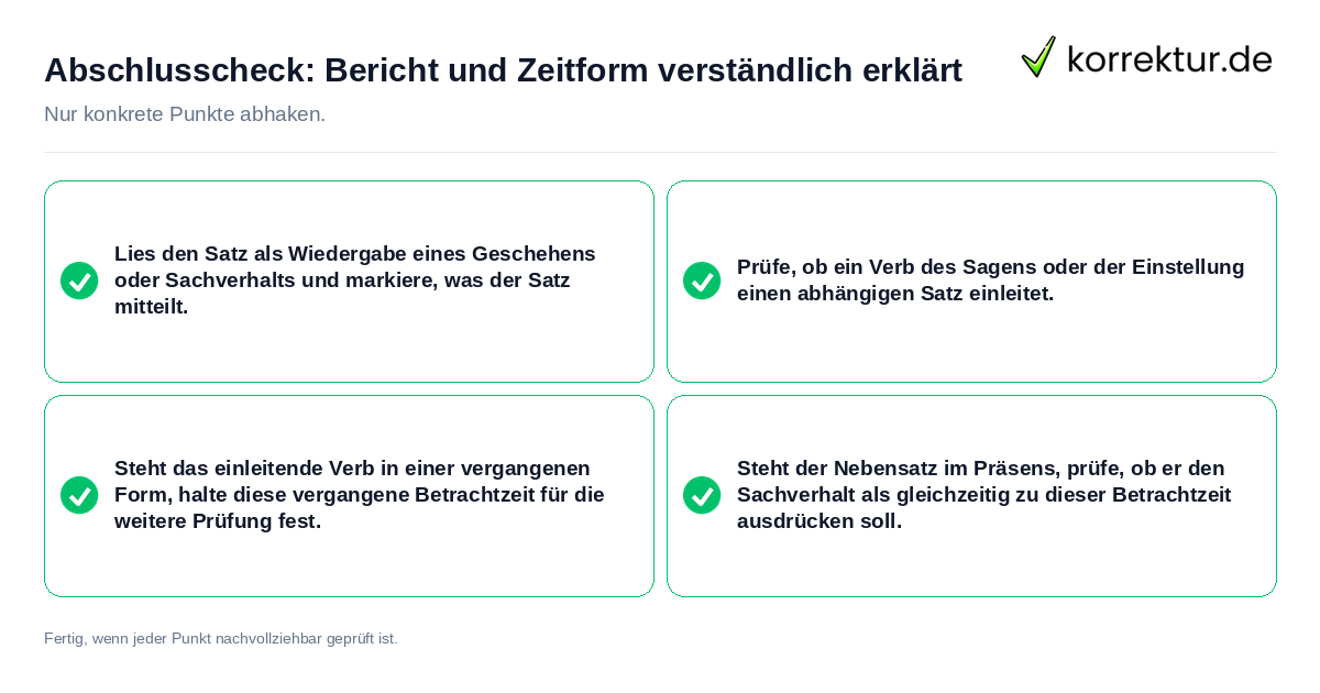 Konkreter Abschlusscheck zu Bericht und Zeitform verständlich erklärt
