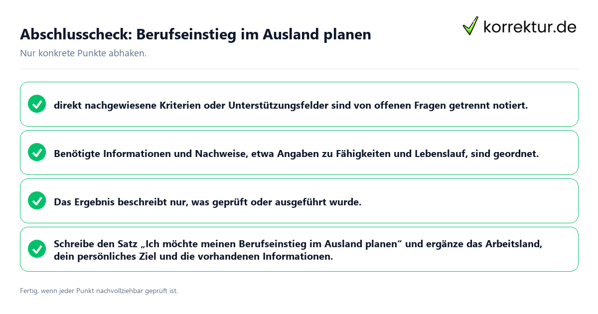 Abschlusscheck: Berufseinstieg im Ausland planen Konkreter Abschlusscheck zu Berufseinstieg im Ausland planen