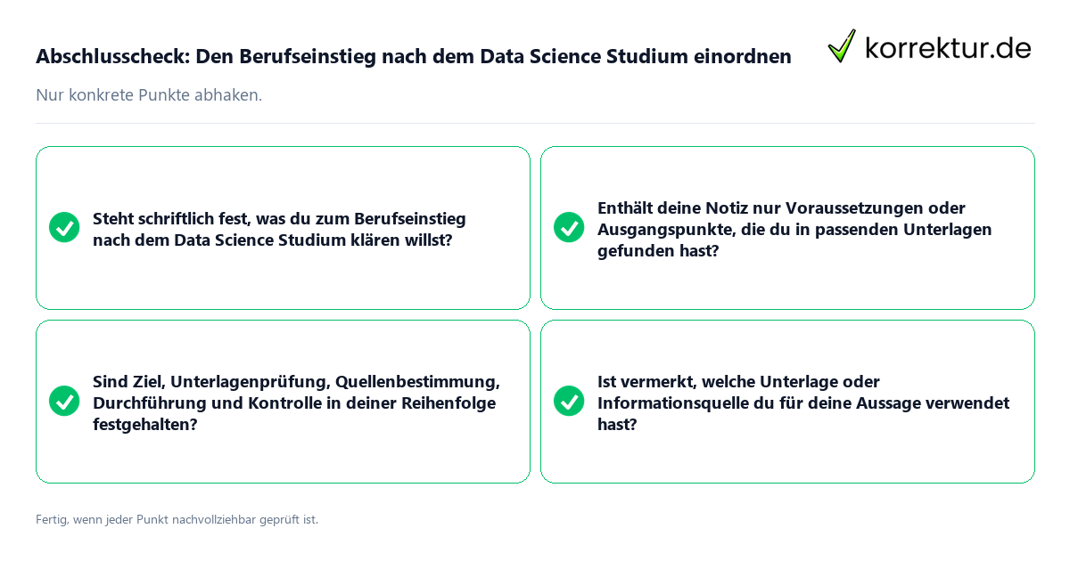 Konkreter Abschlusscheck zu Den Berufseinstieg nach dem Data Science Studium einordnen