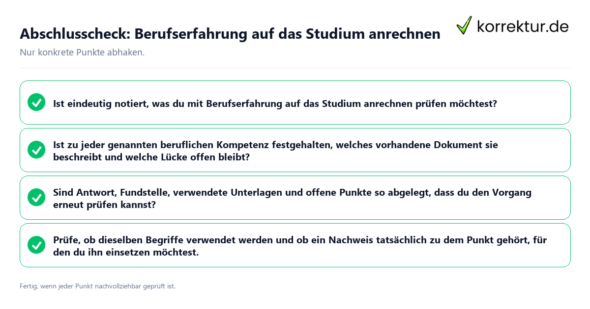 Konkreter Abschlusscheck zu Berufserfahrung auf das Studium anrechnen