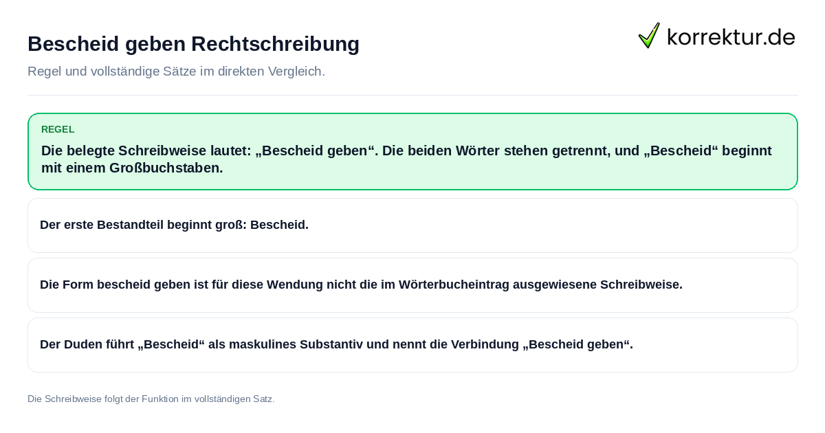 Konkrete Regel und vollständige Beispielsätze zu Bescheid geben Rechtschreibung