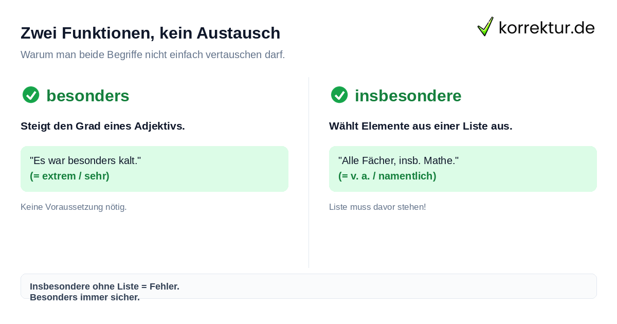 Zwei Funktionen, kein Austausch Besonders vs. insbesondere: Synonym-Unterschiede erklären