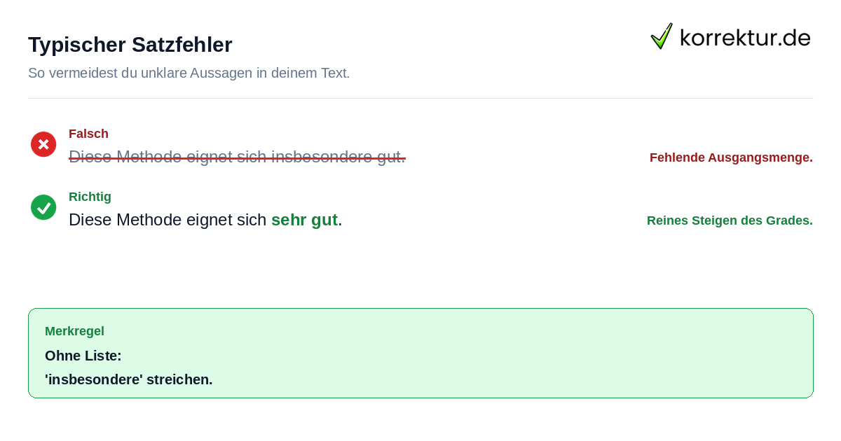 Typischer Satzfehler Rotstift-Korrektur: sehr gut statt insbesondere gut
