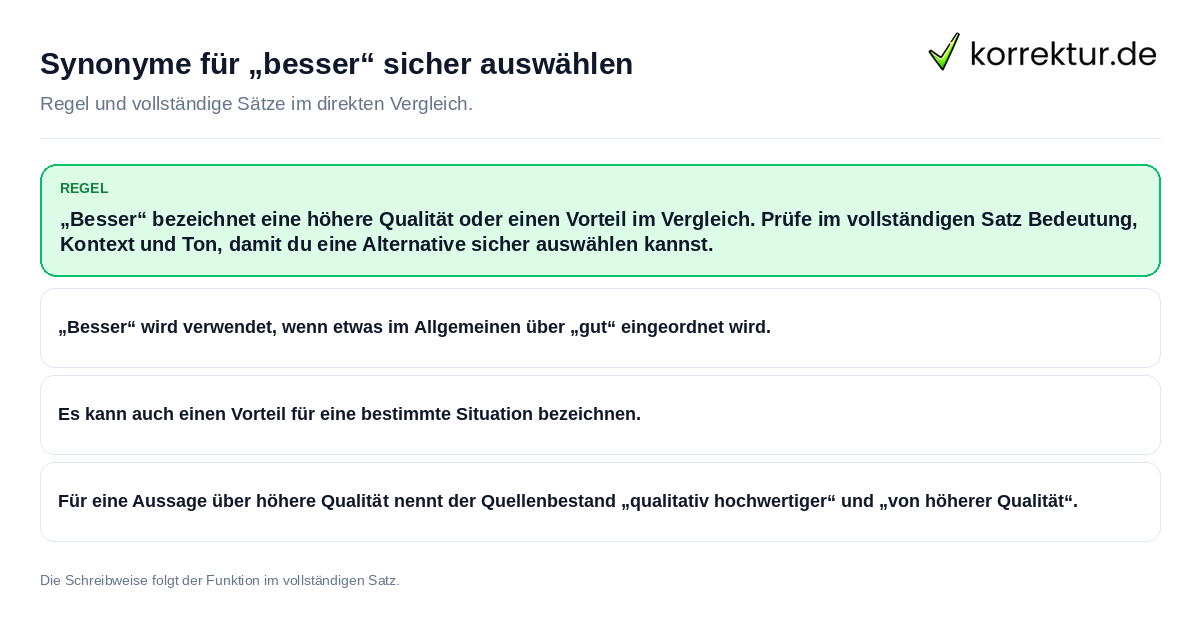 Synonyme für „besser“ sicher auswählen Konkrete Regel und vollständige Beispielsätze zu Synonyme für „besser“ sicher auswählen