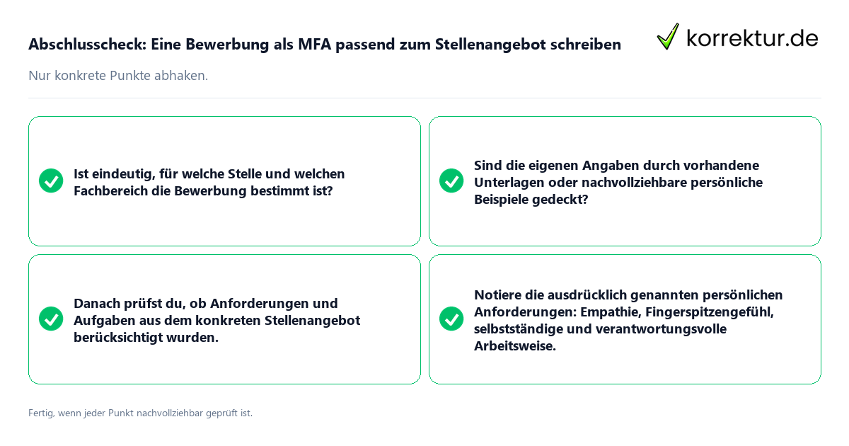 Konkreter Abschlusscheck zu Eine Bewerbung als MFA passend zum Stellenangebot schreiben