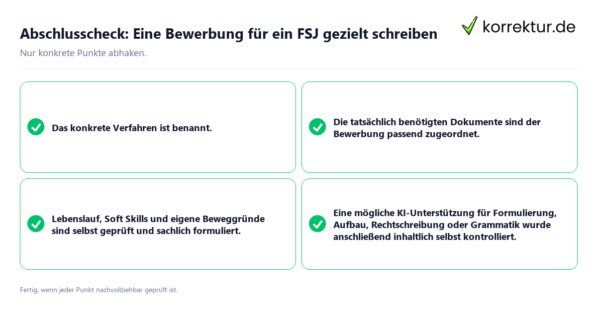 Konkreter Abschlusscheck zu Eine Bewerbung für ein FSJ gezielt schreiben