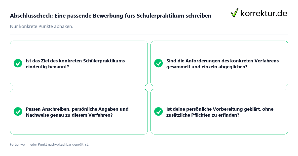 Konkreter Abschlusscheck zu Eine passende Eine passende Bewerbung fürs Schülerpraktikum schreiben