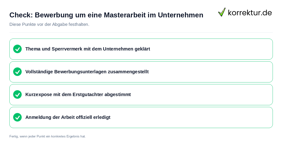 Check: Bewerbung um eine Masterarbeit im Unternehmen Bewerbung um eine Masterarbeit im Unternehmen: Prüfliste mit vier Punkten