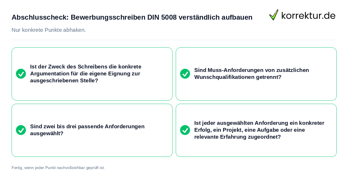 Konkreter Abschlusscheck zu Bewerbungsschreiben DIN 5008 verständlich aufbauen