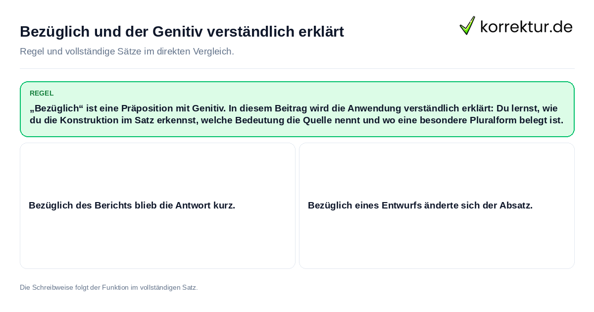 Konkrete Regel und vollständige Beispielsätze zu Bezüglich und der Genitiv verständlich erklärt
