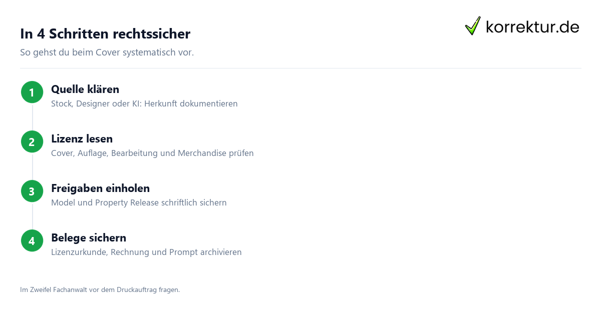 In 4 Schritten rechtssicher Bildrechte klären in 4 Schritten für das Buchcover