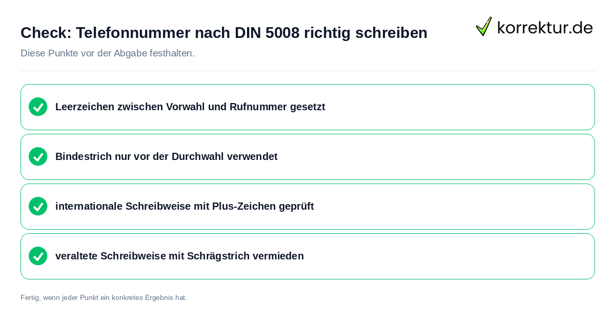 Telefonnummer nach DIN 5008 richtig schreiben: Prüfliste mit vier Punkten