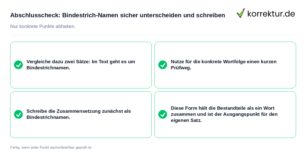 Konkreter Abschlusscheck zu Bindestrich-Namen sicher unterscheiden und schreiben