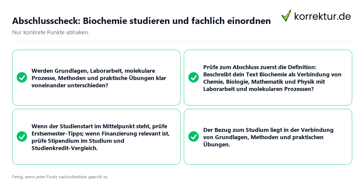 Konkreter Abschlusscheck zu Biochemie studieren und fachlich einordnen