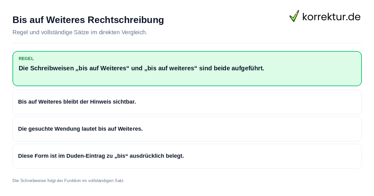 Konkrete Regel und vollständige Beispielsätze zu Bis auf Weiteres Rechtschreibung
