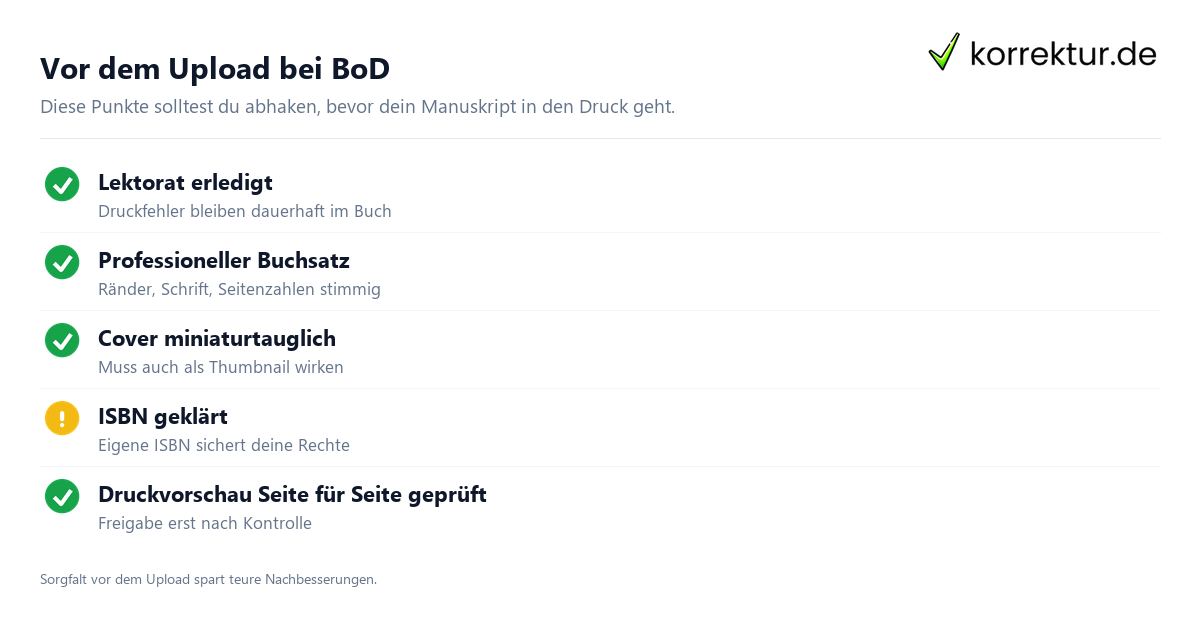 Vor dem Upload bei BoD BoD Checkliste vor der Buchveröffentlichung im Selfpublishing