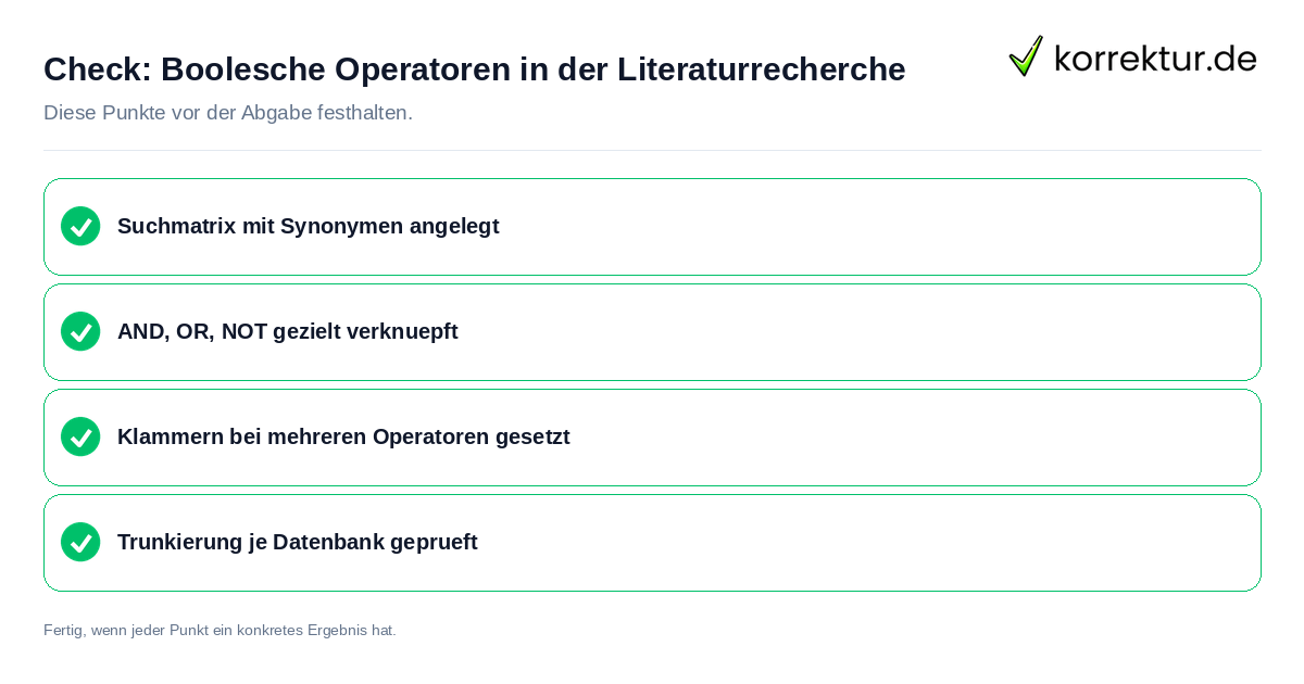 Check: Boolesche Operatoren in der Literaturrecherche Boolesche Operatoren in der Literaturrecherche: Prüfliste mit vier Punkten