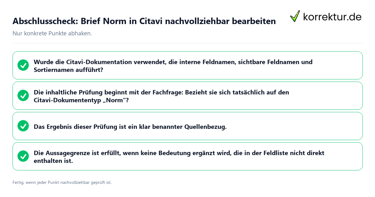 Konkreter Abschlusscheck zu Brief Norm in Citavi nachvollziehbar bearbeiten