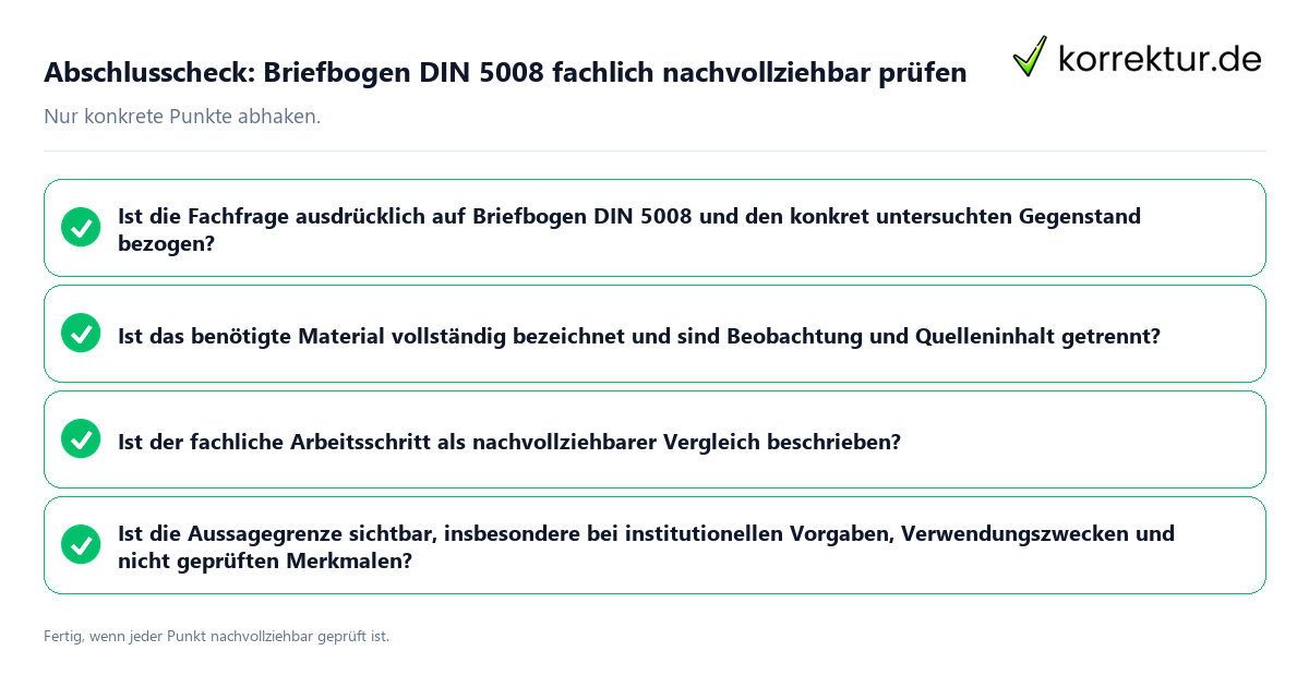 Abschlusscheck: Briefbogen DIN 5008 fachlich nachvollziehbar prüfen Konkreter Abschlusscheck zu Briefbogen DIN 5008 fachlich nachvollziehbar prüfen