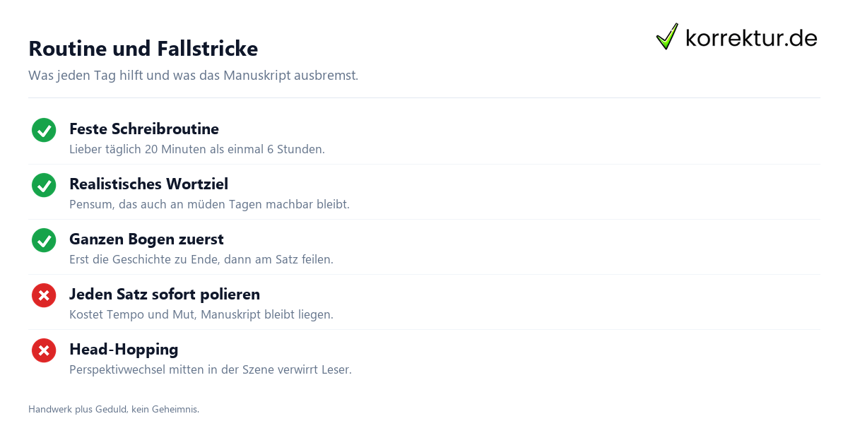 Routine und Fallstricke Checkliste Buch schreiben mit Routine, Wortziel und typischen Fehlern