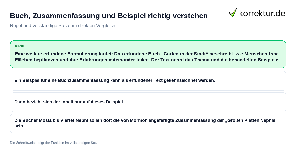 Buch, Zusammenfassung und Beispiel richtig verstehen Konkrete Regel und vollständige Beispielsätze zu Buch, Zusammenfassung und Beispiel richtig