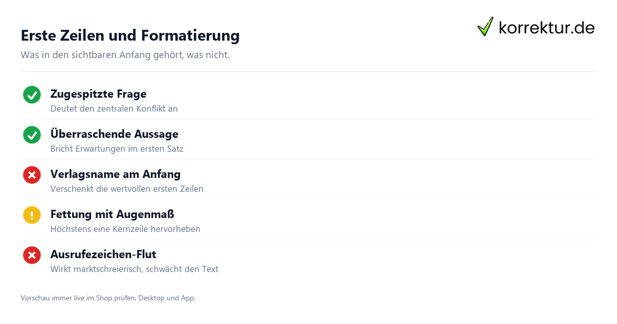 Erste Zeilen und Formatierung Buchbeschreibung optimieren: Checkliste für die ersten Zeilen