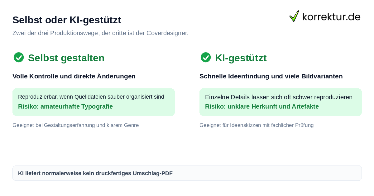 Selbst oder KI-gestützt Buchcover selbst gestalten, KI nutzen oder Designer beauftragen im Vergleich