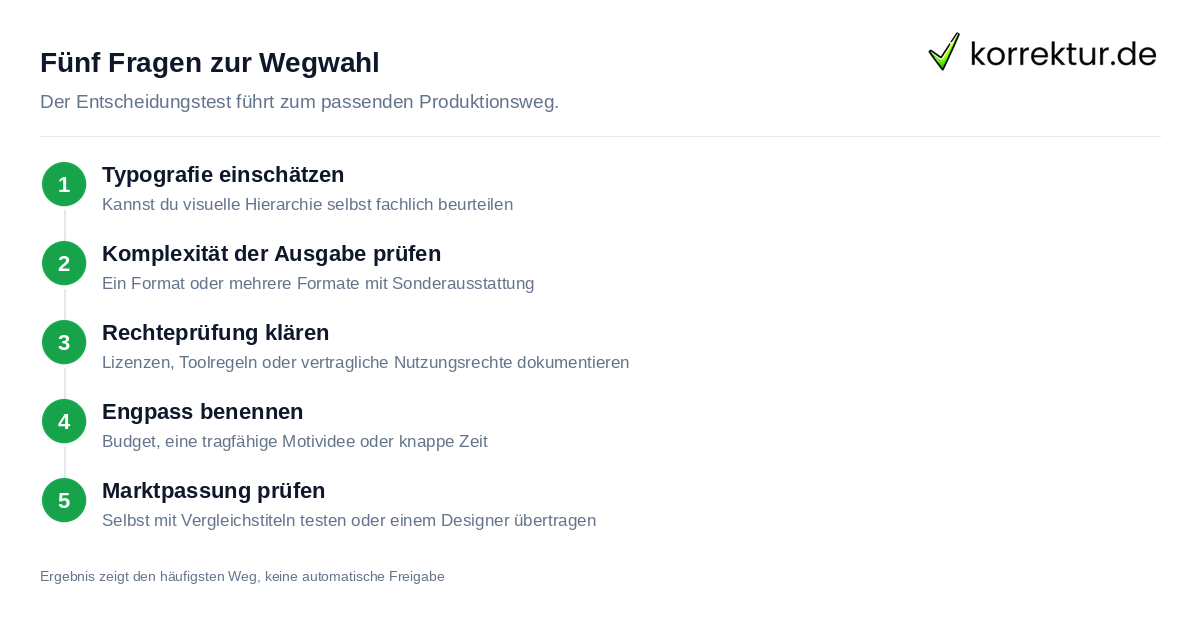 Fünf Fragen zur Wegwahl Entscheidungsschritte für Buchcover selbst gestalten, KI nutzen oder Designer beauftragen