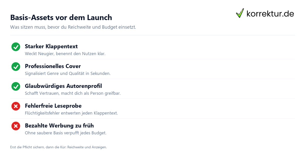 Basis-Assets vor dem Launch Buchmarketing Basis-Assets: Klappentext, Cover, Text prüfen