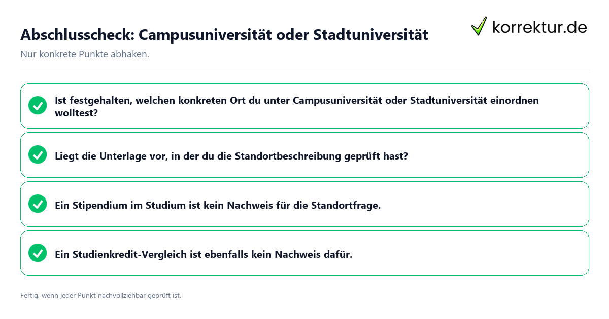 Konkreter Abschlusscheck zu Campusuniversität oder Stadtuniversität