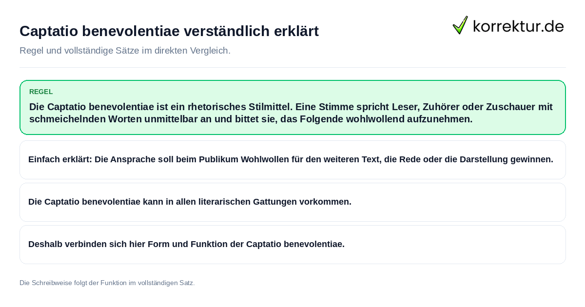 Konkrete Regel und vollständige Beispielsätze zu Captatio benevolentiae verständlich erklärt