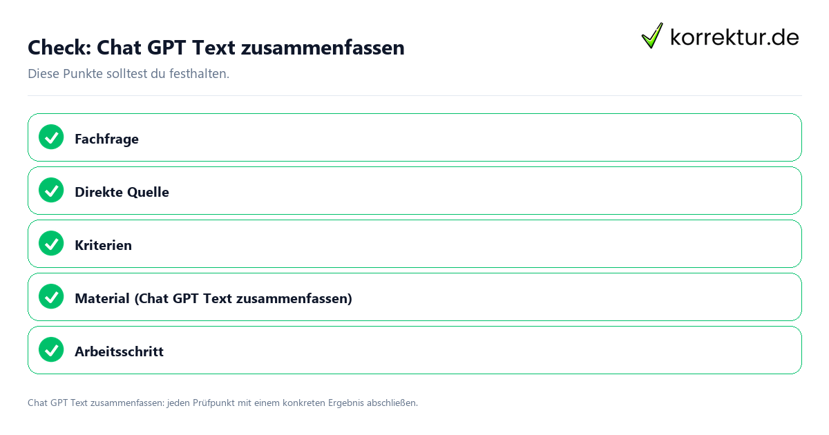 Chat GPT Text zusammenfassen mit einer themenspezifischen Checkliste